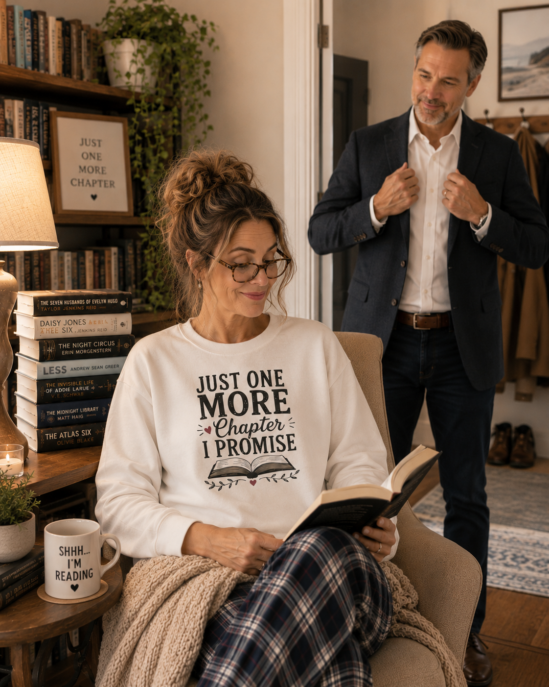 Reader Sweatshirt — "Just One More Chapter I Promise" Cozy Book Lover Crewneck