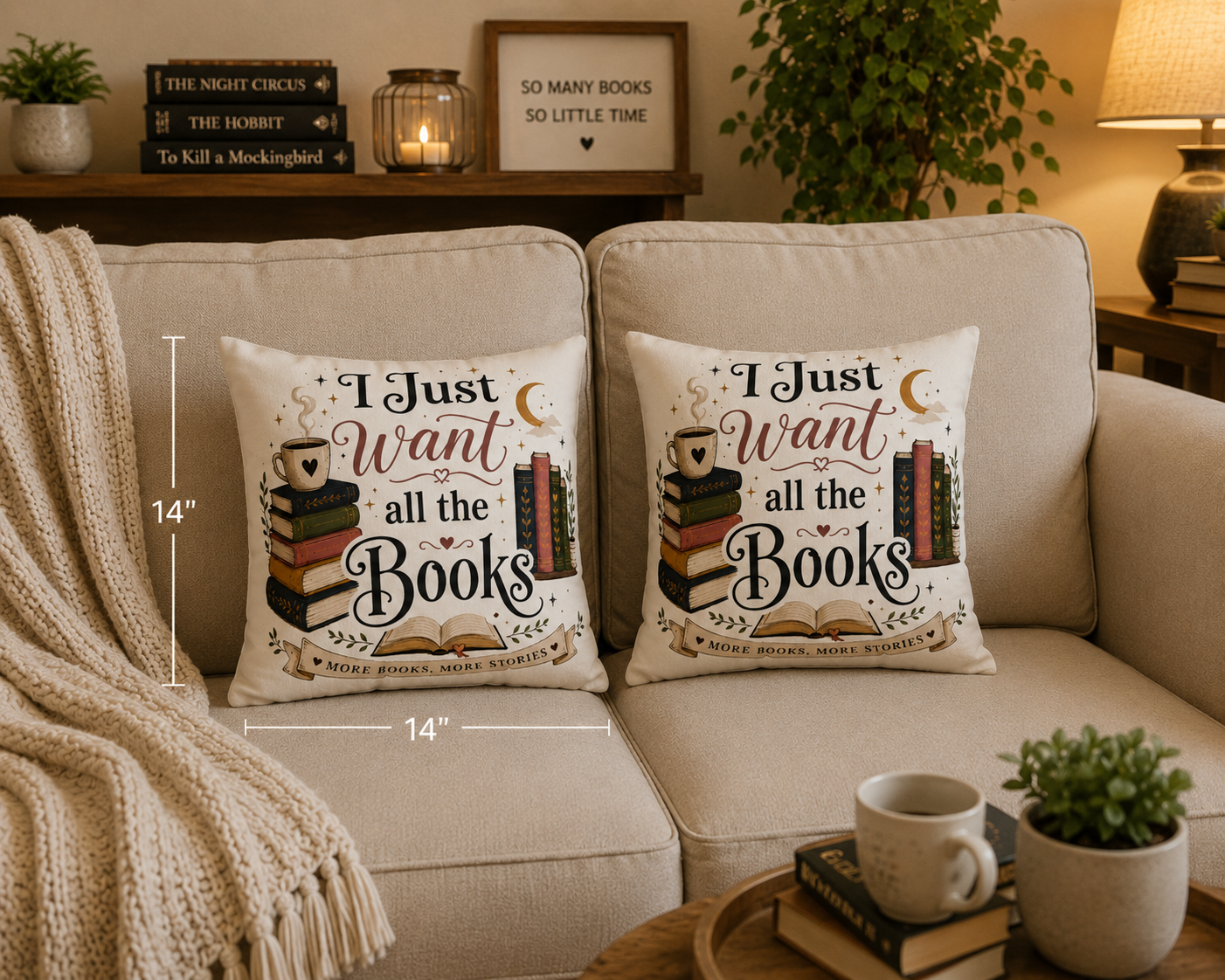 Book Lover Pillow — "I Just Want All the Books" Decorative Throw Pillow