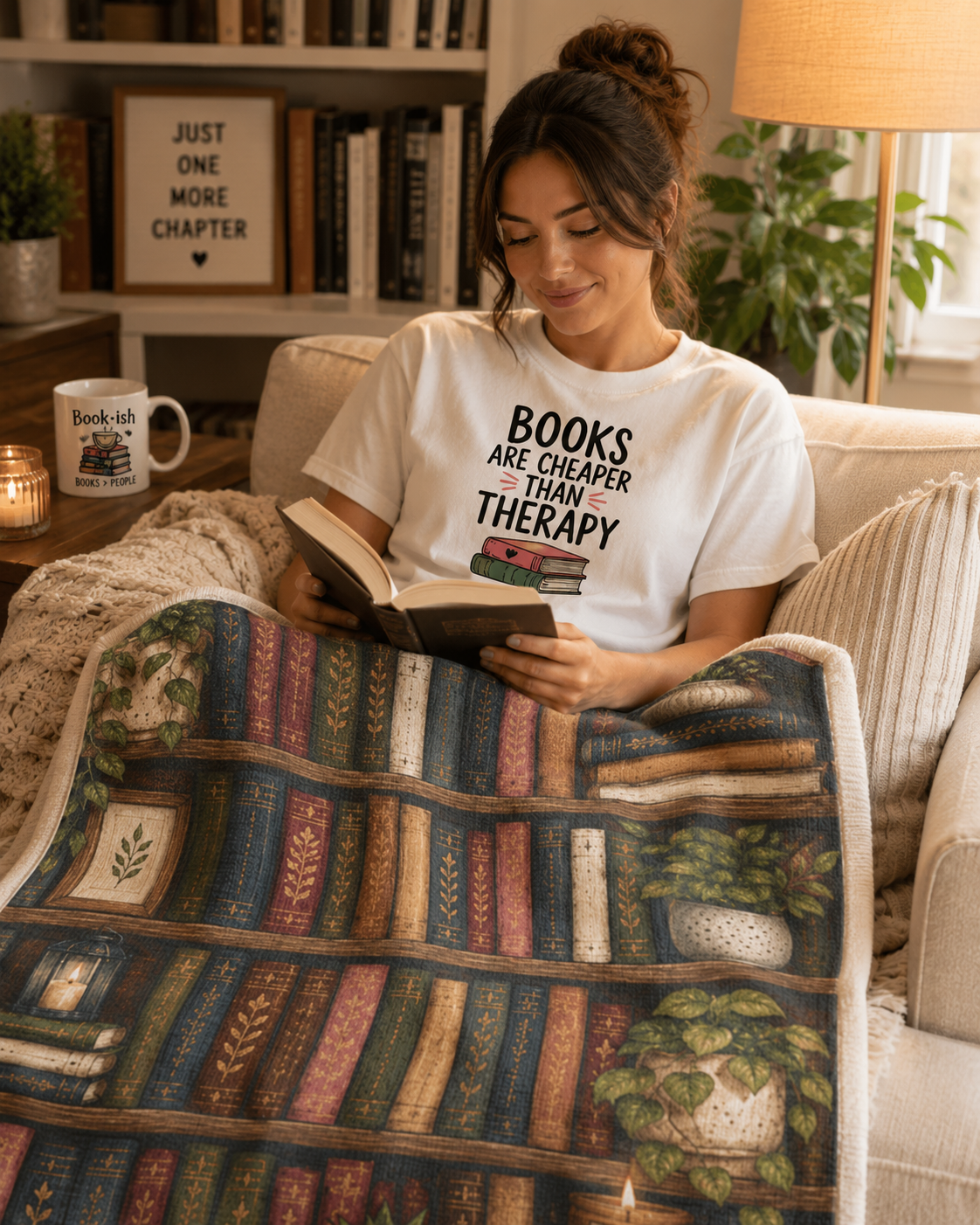 Cozy Bookshelf Pattern Velveteen Plush Blanket | Library Book Spines, Plants, Candle