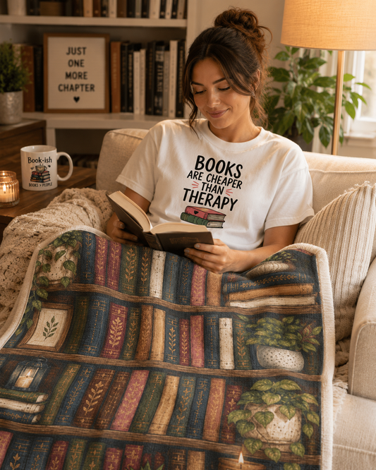Cozy Bookshelf Pattern Velveteen Plush Blanket | Library Book Spines, Plants, Candle
