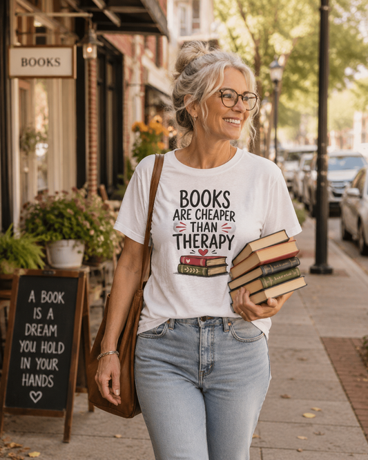 Books Are Cheaper Than Therapy T-Shirt | Book Lover Tee, Reading Quote