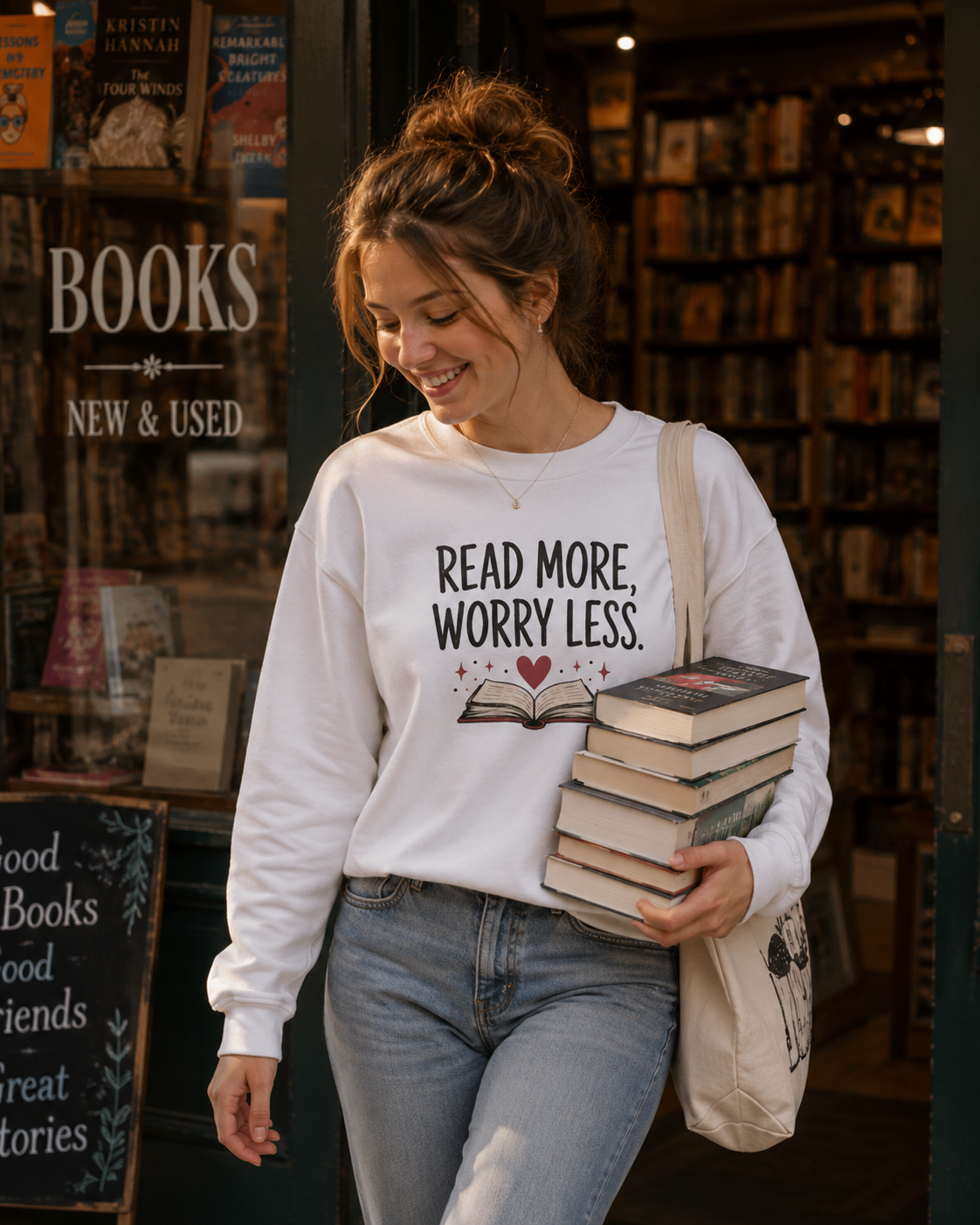 Read More, Worry Less sweatshirt | Book Lover Crewneck