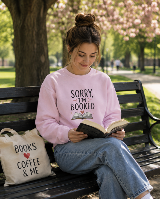 Sorry I'm Booked Sweatshirt — Cozy Reader Crewneck with Open Book Design