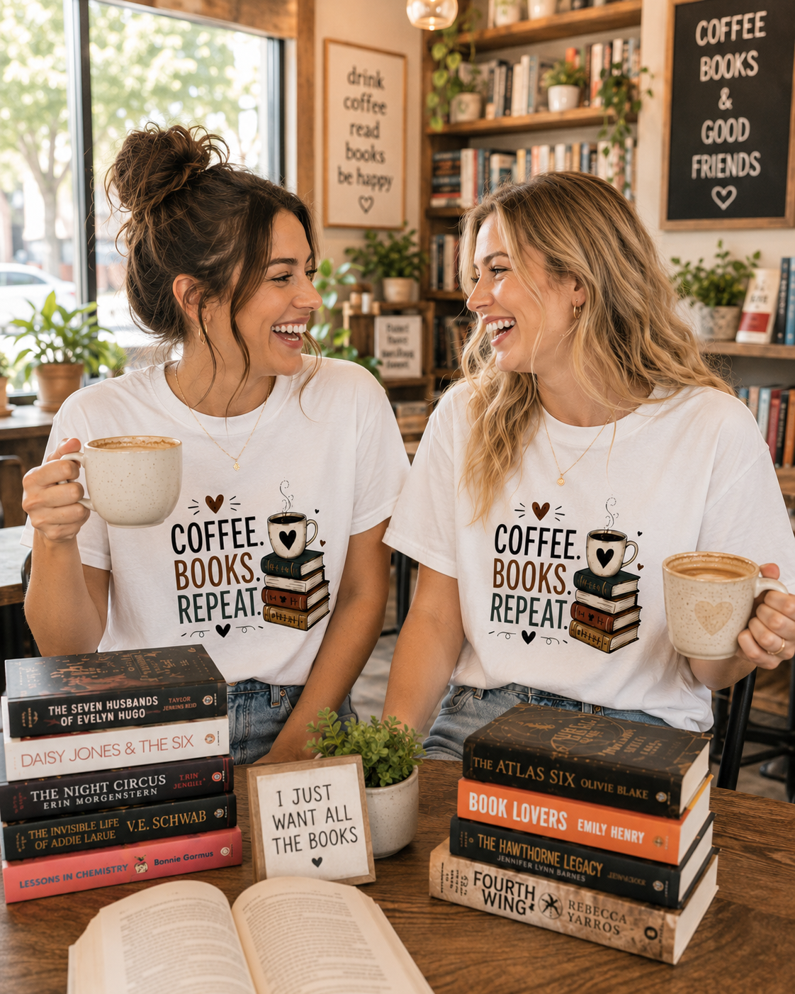 T-Shirt — "Coffee. Books. Repeat." Cozy Literary Coffee Tee